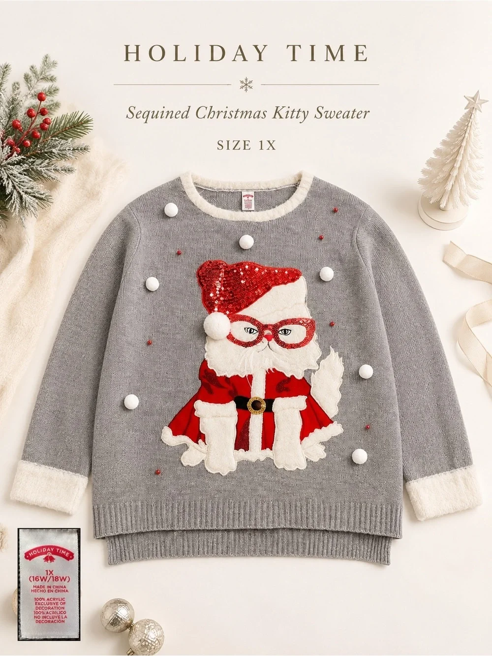 🎄❤️ Holiday Time Sequined Christmas Kitty Sweater Plus Size 1X